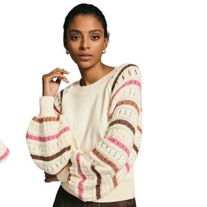Anthropologie Dolan Women Cream Mixed Media Crochet Balloon Sleeve Top Large